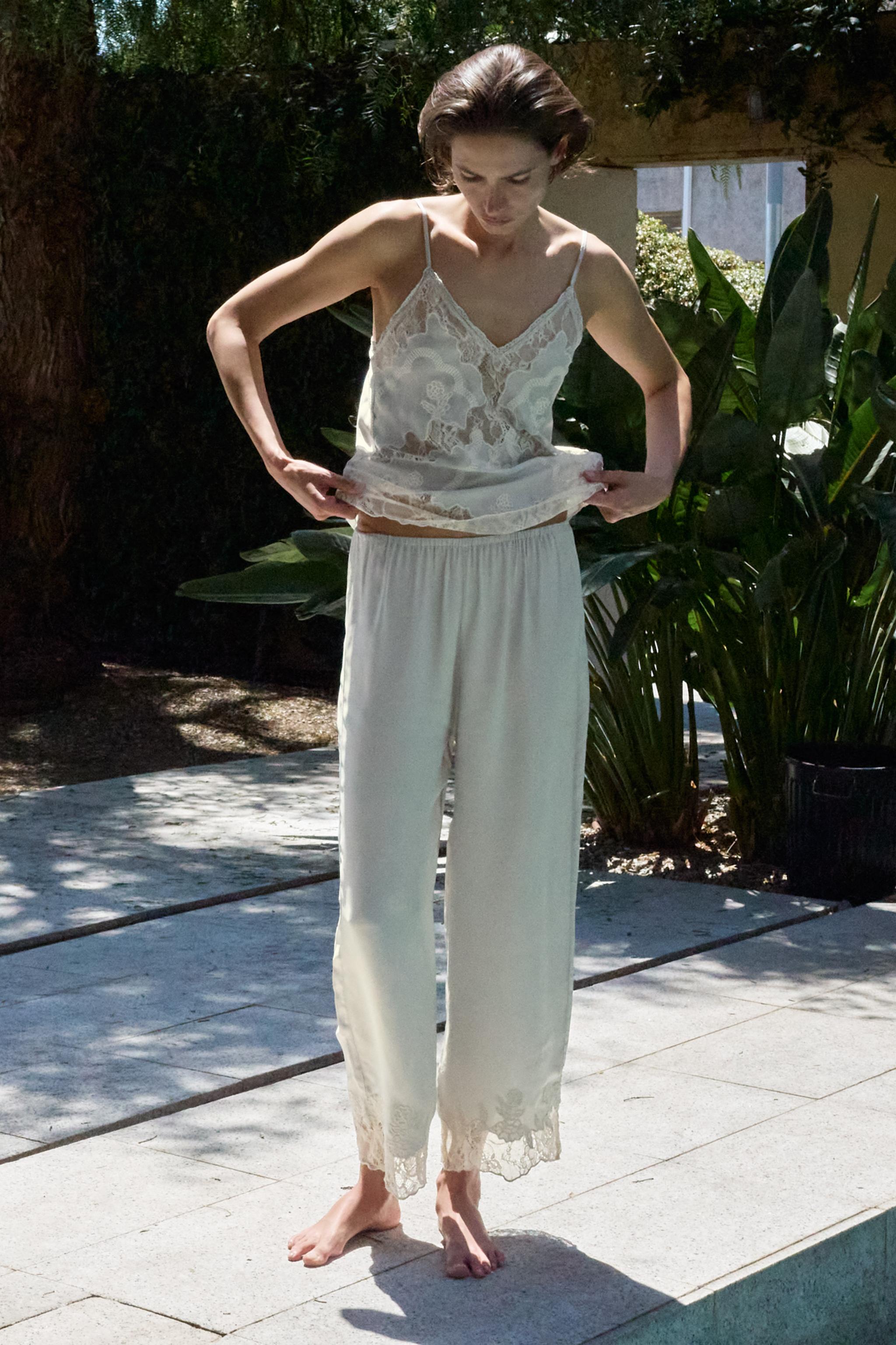 SATIN EFFECT LACE EMBROIDERED PANTS